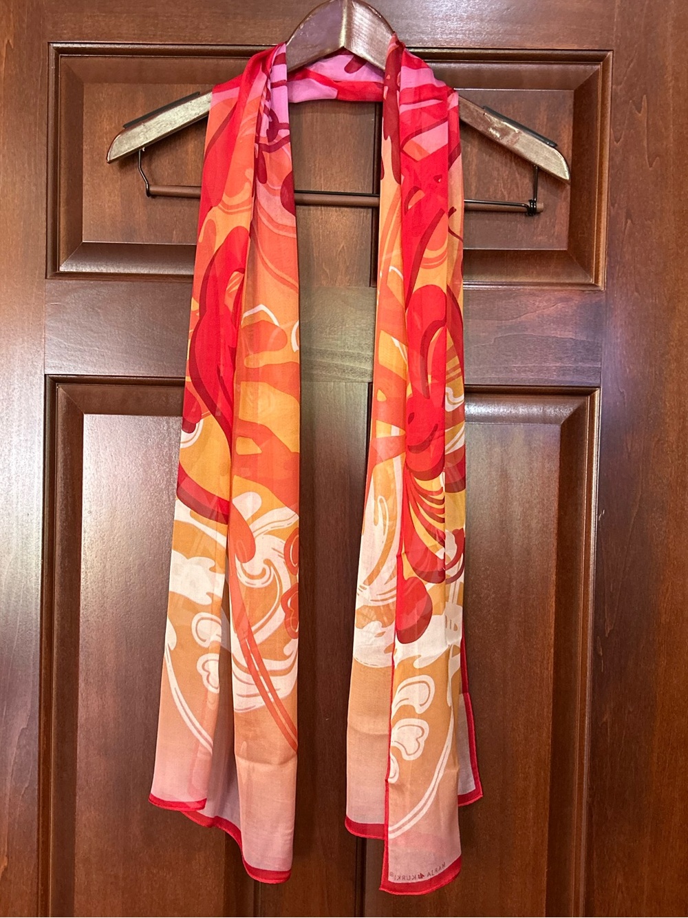 Marja Kurki Pure Silk Abstract Floral Scarf Red Orange Pink Lightweight